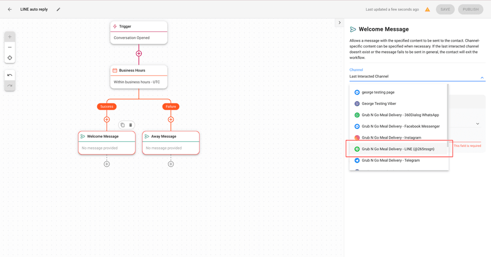 Esta es una captura de pantalla que muestra cómo configurar la respuesta automática. Haga clic en el botón + debajo de las ramas Éxito y Fracaso para añadir un Enviar un mensaje. Asegúrese de seleccionar LINE como su canal.