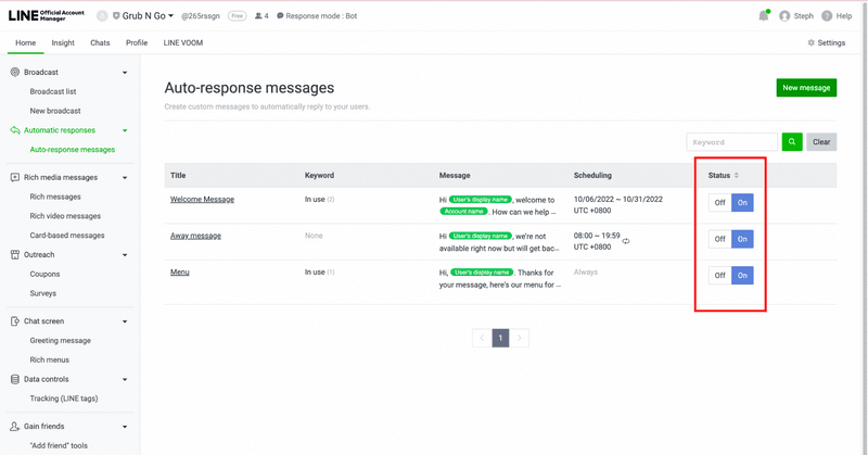 Cette capture d'écran vous montre comment vérifier l'état de votre réponse automatique. Sur le gestionnaire de compte officiel LINE , vous avez la possibilité d'activer et de désactiver votre message de réponse automatique. Sur la page du message de réponse automatique, allez dans la colonne d'état et désactivez votre réponse automatique si elle n'est plus pertinente pour votre entreprise.