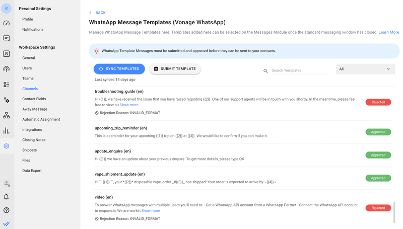 Übermittlung von Nachrichtenvorlagen von respond.io