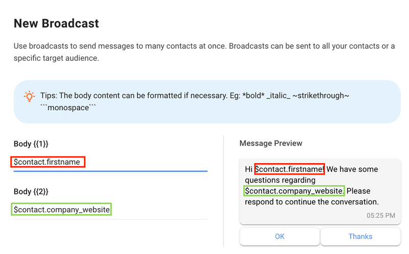 การใช้ตัวแปรเพื่อออกอากาศข้อความบน WhatsApp