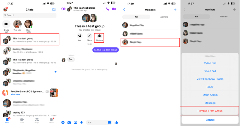 Esta es una imagen que describe cómo eliminar a alguien de una conversación de grupo en messenger. Abre la conversación de grupo, luego haz clic en miembros, a continuación selecciona el miembro que deseas eliminar y haz clic en Eliminar del grupo