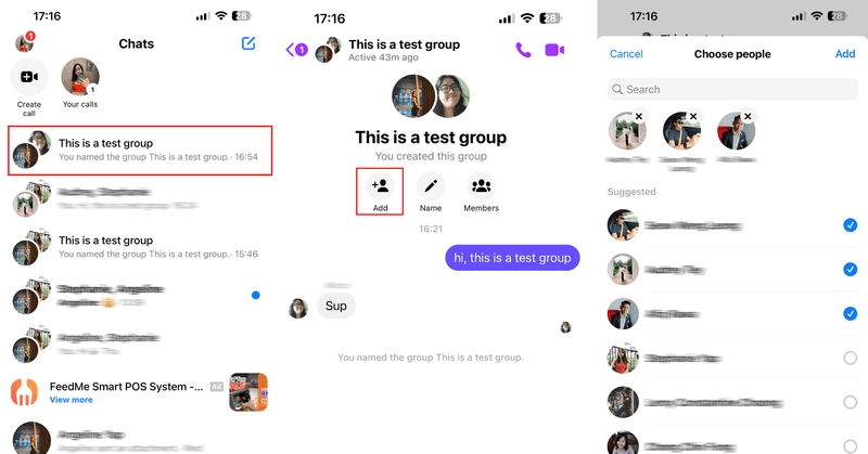 This is an image that describes how to invite people to your group. First, open the group conversation, click Add and finally select the people you want to invite to the group. 