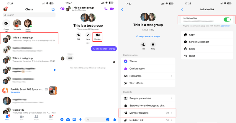 Cette image décrit comment générer un lien d'invitation pour votre chat de groupe. Ouvrez la conversation de groupe, cliquez sur le nom de votre chat de groupe, cliquez sur lien d'invitation et enfin activez la bascule.