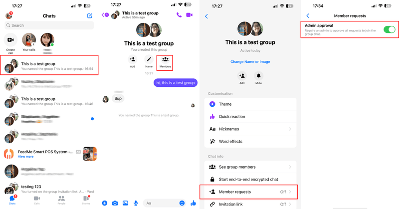 Questa è un'immagine che descrive come attivare l'approvazione dell'amministratore per la chat di gruppo Facebook Messenger. Per prima cosa, aprire la conversazione di gruppo, quindi fare clic sul nome della chat di gruppo, quindi fare clic sulle richieste dei membri e infine attivare la levetta. 