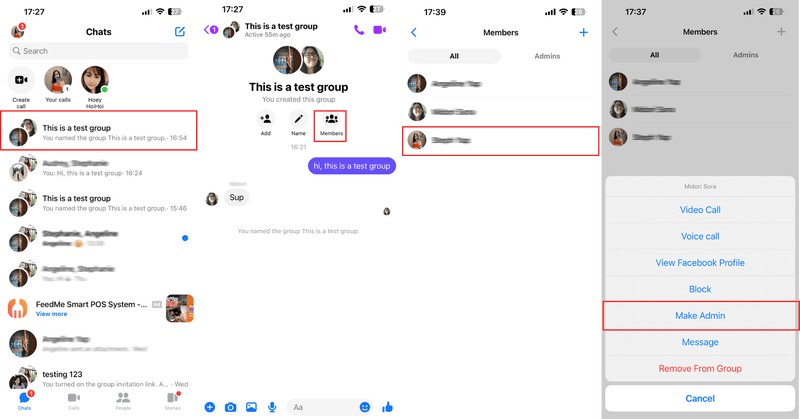 This is an image that describes how to add an admin to your group chat. Open the group conversations, click members, select the member you want to add as an admin and finally click make admin. 