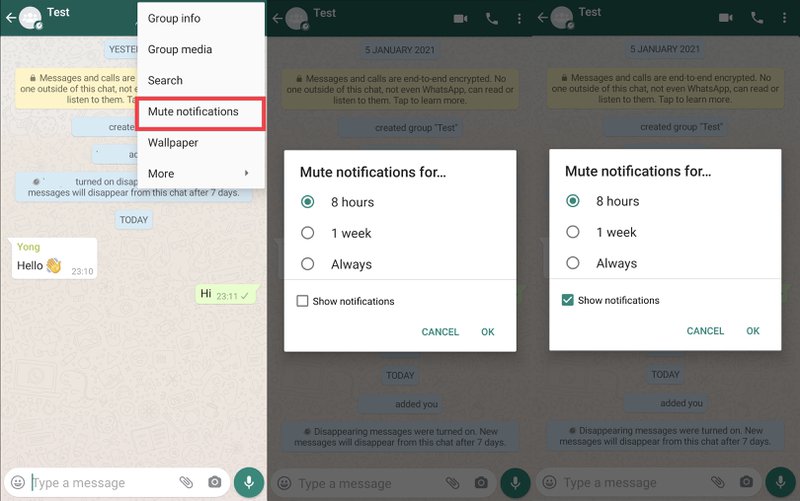 This picture shows how to mute notifications in a WhatsApp Group. Mute Notifications allows you to mute notifications for any WhatsApp Group for 8 hours, one day or one week. This feature is excellent if you have one group that is blowing up and you need a break from it for a while.