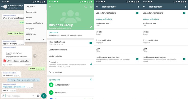 Esta es una imagen que muestra el proceso de creación de una notificación personalizada en un grupo de WhatsApp 