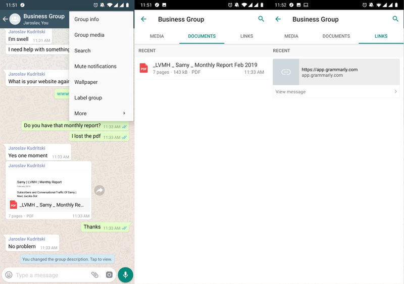 这是一张图片，显示用于搜索 WhatsApp 群组中的媒体、文档或链接 