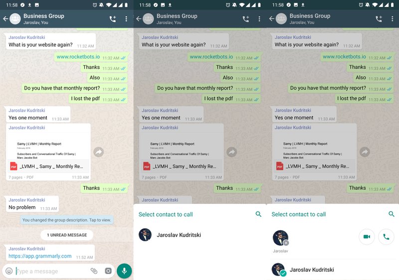 这张图片显示了您如何开始 WhatsApp 群组通话或 WhatsApp 群组视频通话