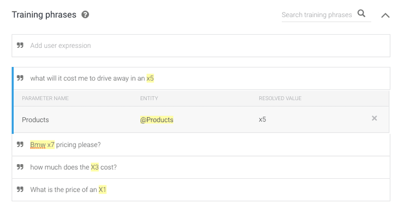 To create contact tags based on Dialogflow Developer Entities first create your entities list, then add training phrases with the Dialogflow Developer Entities highlighted.