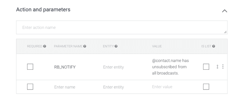 The image shows how you can create a Dialogflow Notification by using the RB_NOTIFY parameter and the notification you want to send in the value of your Dialogflow Parameters.