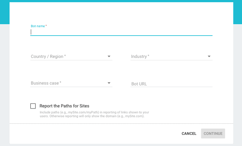 Para configurar uma integração do Dialogflow Chatbase, primeiro é necessário criar um bot no Chatbase e preencher os detalhes necessários.