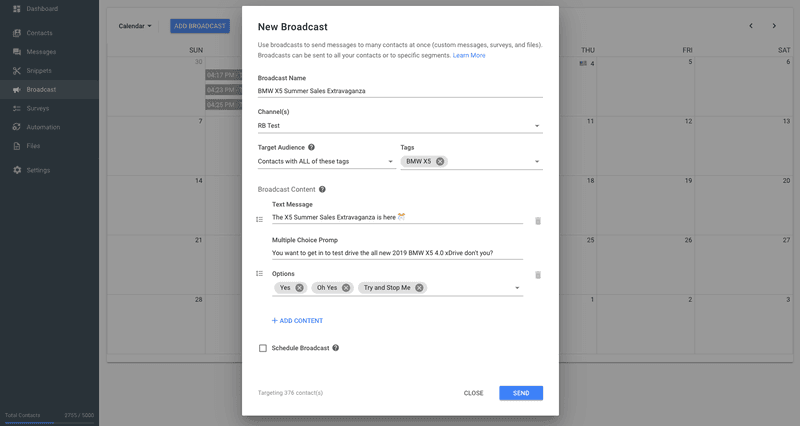 Il n'y a aucun moyen d'envoyer une diffusion Dialogflow à partir de la console Dialogflow , mais vous pouvez envoyer une diffusion à vos utilisateurs Dialogflow à partir de Rocketbots.