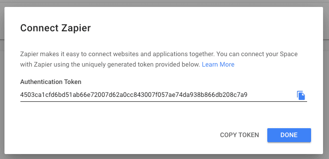 Pour créer une intégration Dialogflow Zapier avec Rocketbots, vous devez récupérer le jeton Zapier de votre espace Rocketbots.