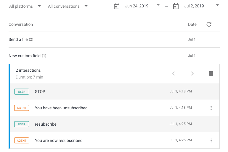 You can view the historical conversations of your Dialogflow Agent in Dialogflow History.