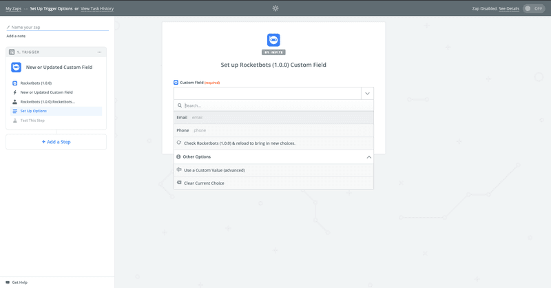 Después de crear la integración Dialogflow Zapier  con Rocketbots, se le preguntará si desea pasar datos de campos adicionales.