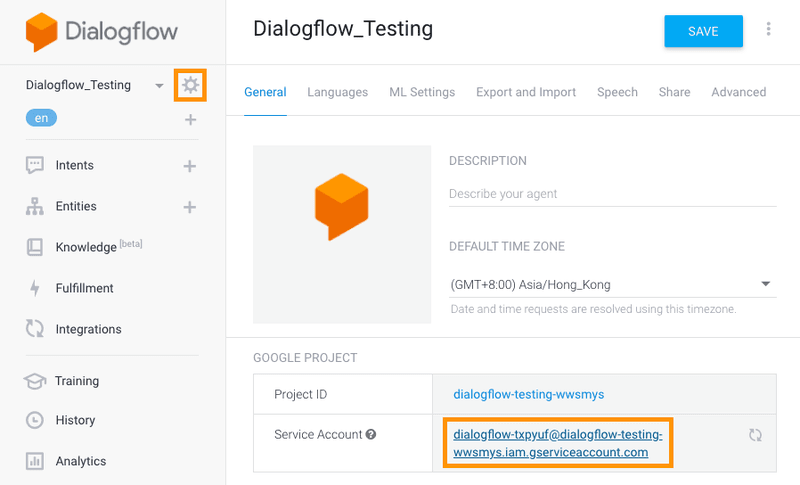 To navigate to your service account open settings in your Dialogflow console then click on the service account link.