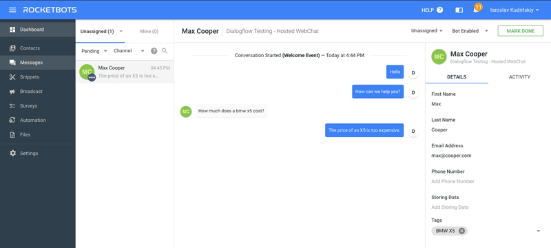 To create contact tags based on Dialogflow Developer Entities first create your entities list, then add training phrases with the Dialogflow Developer Entities highlighted, then add RB_ADDTAGS to the parameters, then test the converation.