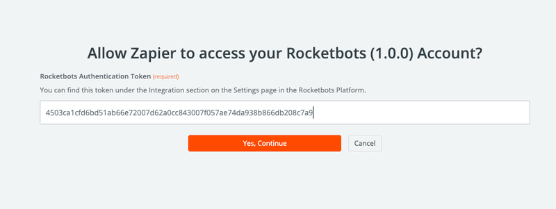 Pour créer une intégration Dialogflow Zapier avec Rocketbots, vous devez transférer le jeton Zapier de votre espace Rocketbots.