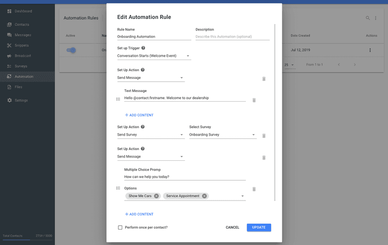 Manchmal kann das Sammeln von Informationen in Dialogflow , insbesondere beim Onboarding von Kontakten, mühsam sein. Manchmal ist es einfacher, eine Rocketbots-Umfrage zu erstellen und diese dann für alle neuen Kontakte mit einer Automatisierungsregel auszulösen.