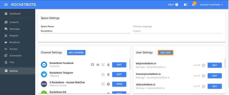 Em vez de exportar o seu histórico de conversações de Dialogflow para os clientes, basta ligar-se à plataforma Rocketbots, convidar os seus clientes como utilizadores e deixá-los explorar as suas conversações com os agentes de Dialogflow .