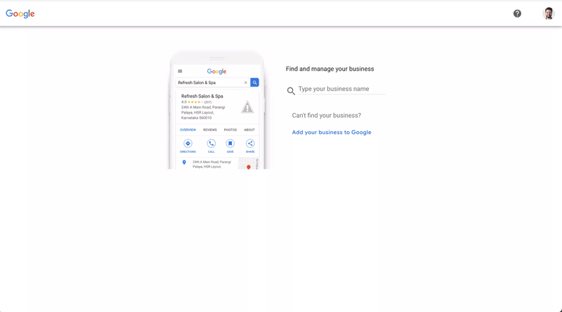 此圖顯示了如何創建適用於企業的 Google 個人資料。首先輸入您的公司名稱。
