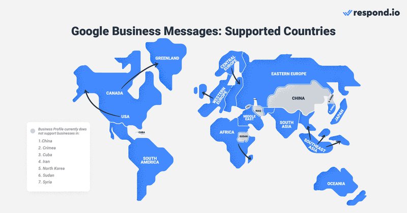 Esta imagen muestra los países en los que se admite el chat de Google Business Profile . Business Profile en Google sólo está prohibido en algunos países como China. 