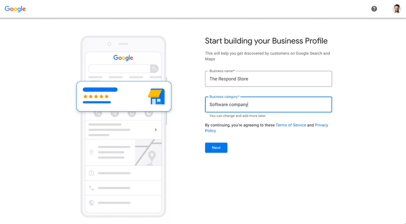 This image shows how to create a Google Business Profile. Start by entering your business name and your Google Business Profile categories. 