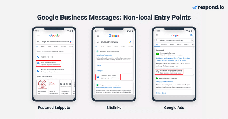 Esta imagem mostra pontos de entrada de conversação não locais do Google Business Profile . Os clientes podem iniciar conversas com a sua empresa quando descobrem snippets em destaque, sitelinks e anúncios do Google em Google Search.