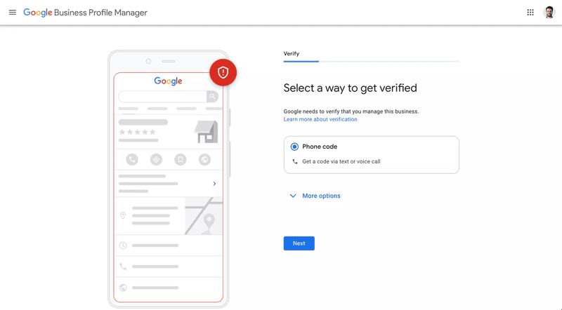 Gambar ini menunjukkan cara menjalani verifikasi Google Business Profile . Pilih metode verifikasi untuk dapat mengelola Business Profile Google.