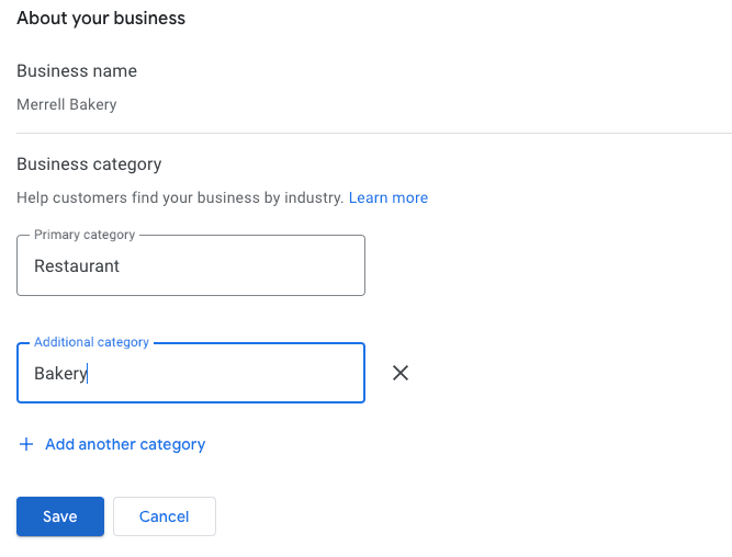 Captura de pantalla de cómo cambiar la categoría de tu negocio en Google My Business. Establece tu categoría de negocio principal en una que te permita añadir un enlace de contacto de WhatsApp. A continuación, puedes añadir una categoría de negocio adicional más específica.