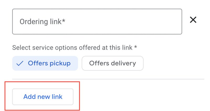 screenshot showing how to add an additional link on Google My Business. Enter your WhatsApp link in the first slot, then select "add new link" to add a link to a scheduling app or another messaging app.