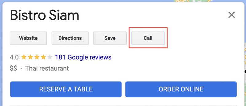 capture d'écran d'un bouton "click-to-call" sur une page de profil Google My Business