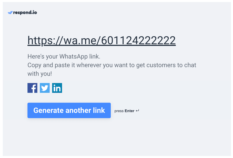 screenshot of a WhatsApp link generated by the respond.io WhatsApp link generator