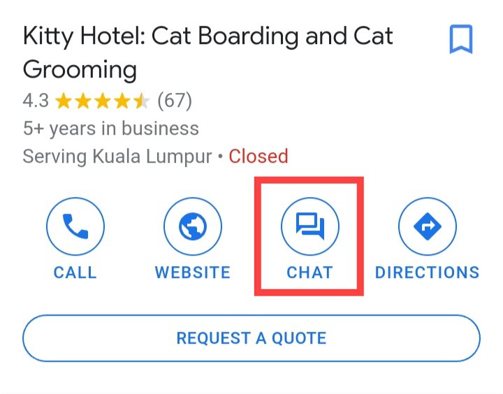 screenshot of Google My Business messaging button. It's under the name of the business, between the website and directions buttons. 