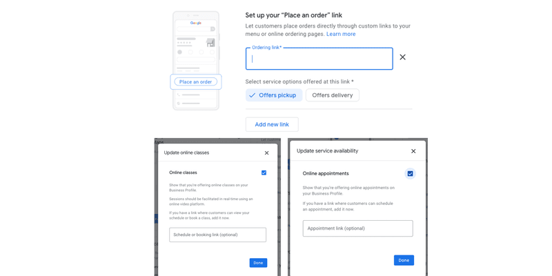 screenshots of where to add your WhatsApp link in Google My Business. For restaurants, it's under "place an order." For educational or coaching businesses, it's under "update online classes." For other business types, it may be "update online appointments." 