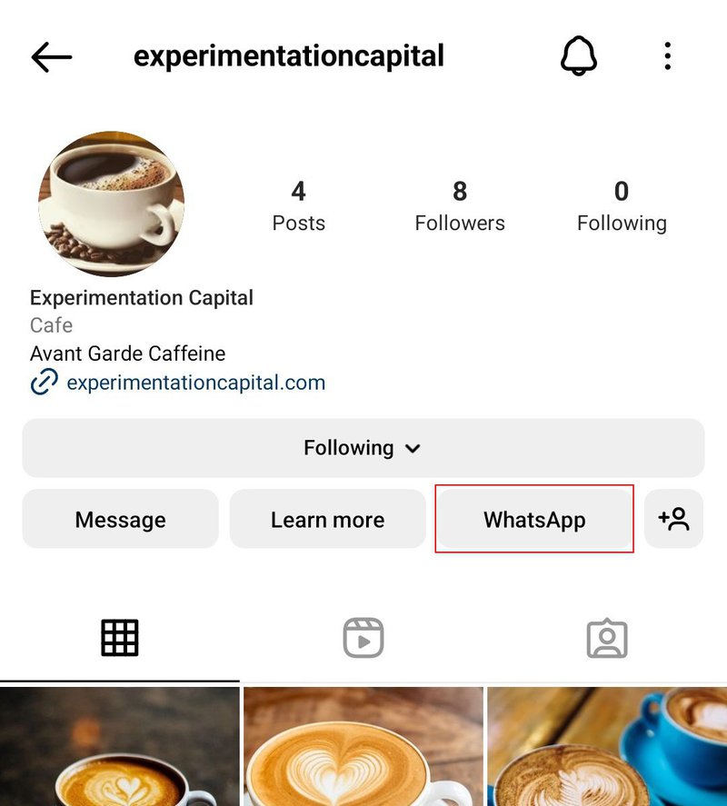 un'immagine che mostra un pulsante whatsapp su un profilo instagram