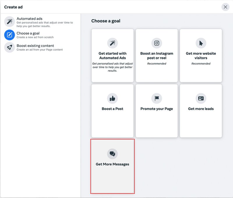 Esta é uma captura de ecrã do passo 1 da configuração do anúncio Click to WhatsApp. No Gerenciador de Anúncios, crie uma campanha com o objetivo Mensagens.  Ao escolher este objetivo, o seu apelo à ação passará a ser Enviar para o WhatsApp.