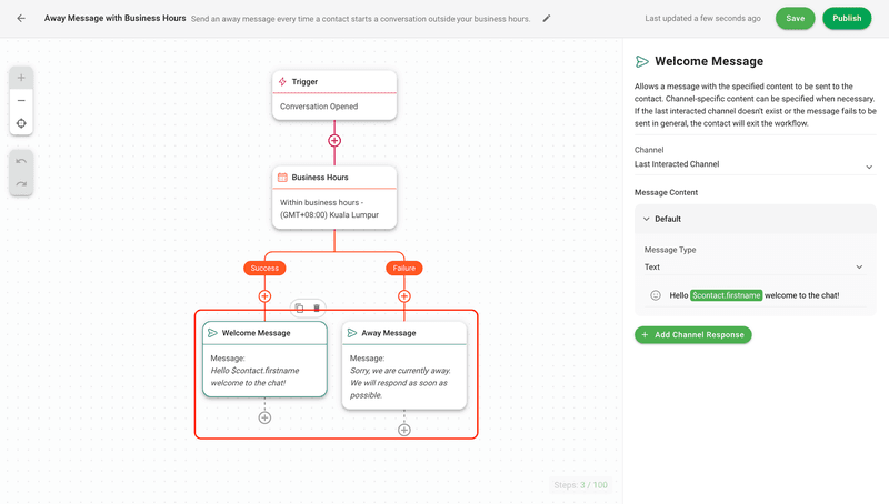 Puede utilizar el ejemplo de mensaje de respuesta automática de WhatsApp que aparece más arriba