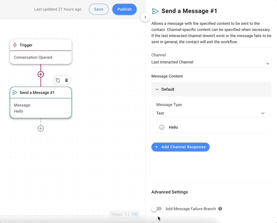 Adicionar uma ramificação de falha de mensagem para evitar que os contactos saiam do fluxo de trabalho quando uma mensagem não é enviada