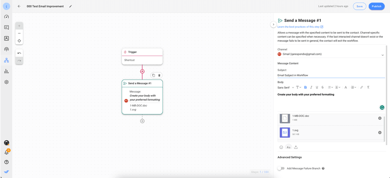 Componha e envie e-mails automaticamente através de fluxos de trabalho em respond.io