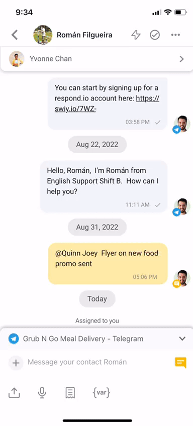 Conversar, limpar tarefas e colaborar facilmente na aplicação móvel respond.io - Inbox