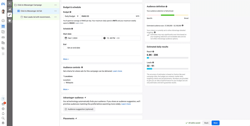 ภาพนี้แสดงวิธีใช้คลิกเพื่อแชทโดย Meta. กรอกข้อมูลในชุดโฆษณาของคุณใน Meta ตัวจัดการโฆษณา