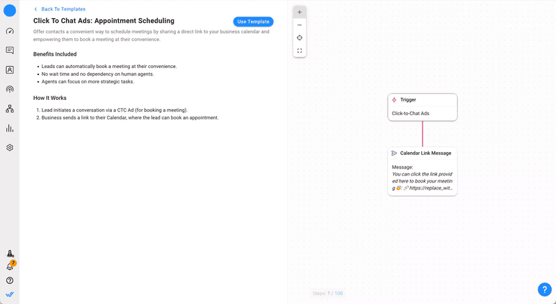 Para as empresas que dependem fortemente da marcação de reuniões, a automatização do processo de marcação pode ser um fator de mudança, poupando tempo valioso aos agentes. Ao utilizar respond.io Workflows, pode integrar facilmente os seus canais de clique para chat com a aplicação de calendário da sua equipa de vendas.