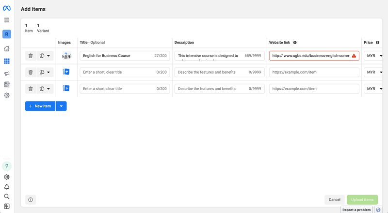 This image shows how to upload item information to your catalogue manager. On the left menu, go to Catalog &gt; Items and upload your product information.