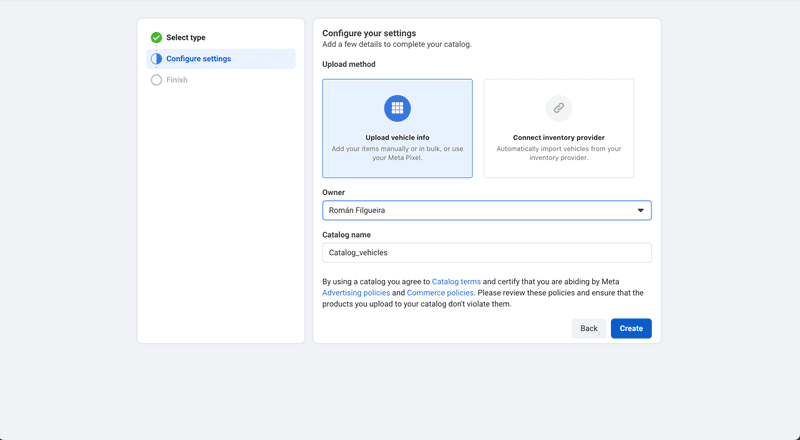 Esta imagen muestra cómo crear un catálogo de WhatsApp API. Configure los ajustes del catálogo de compras de WhatsApp.