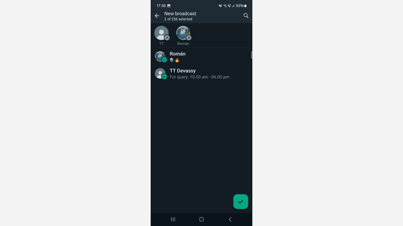 This image shows how to add contacts to your WhatsApp broadcast list.