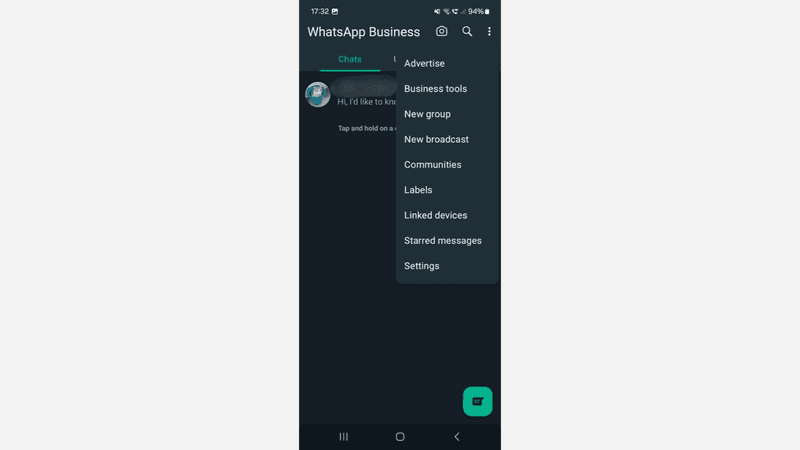 This image shows how to start a new broadcast in the WhatsApp Business app.