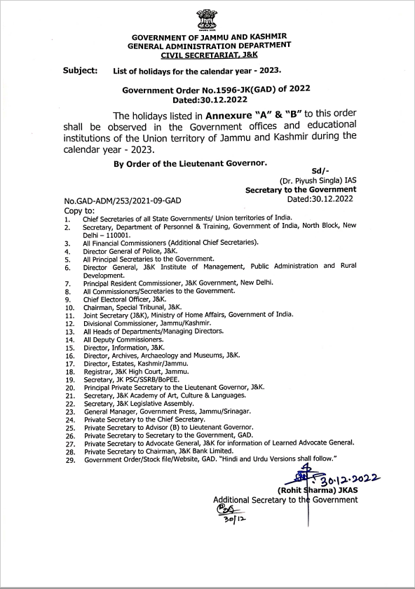 Order: List of Holidays for Calendar Year 2023