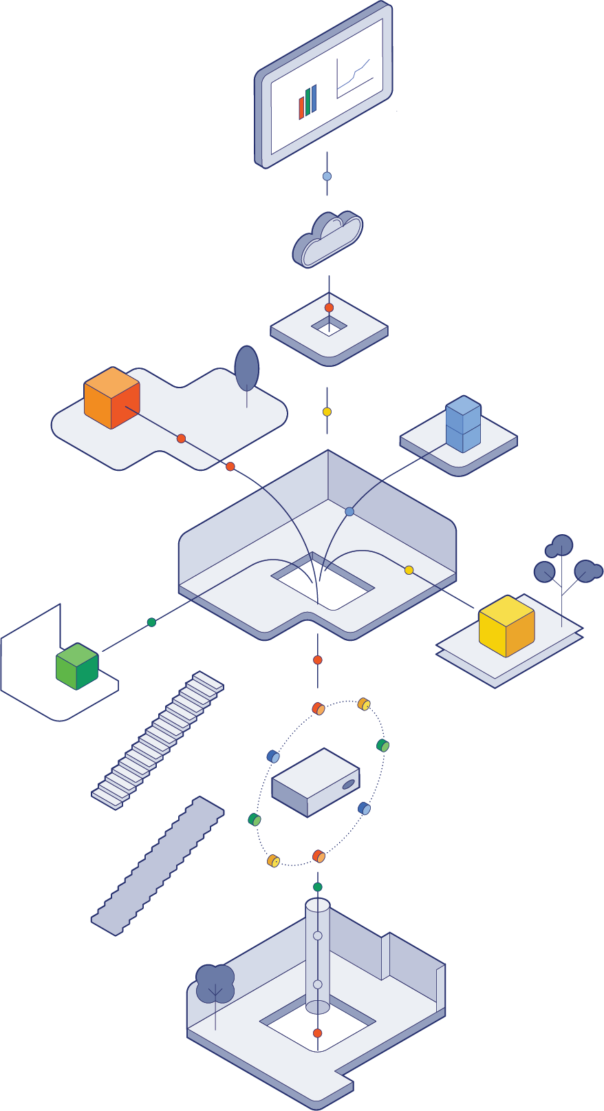 An illustration of a building with equipment and sensors
